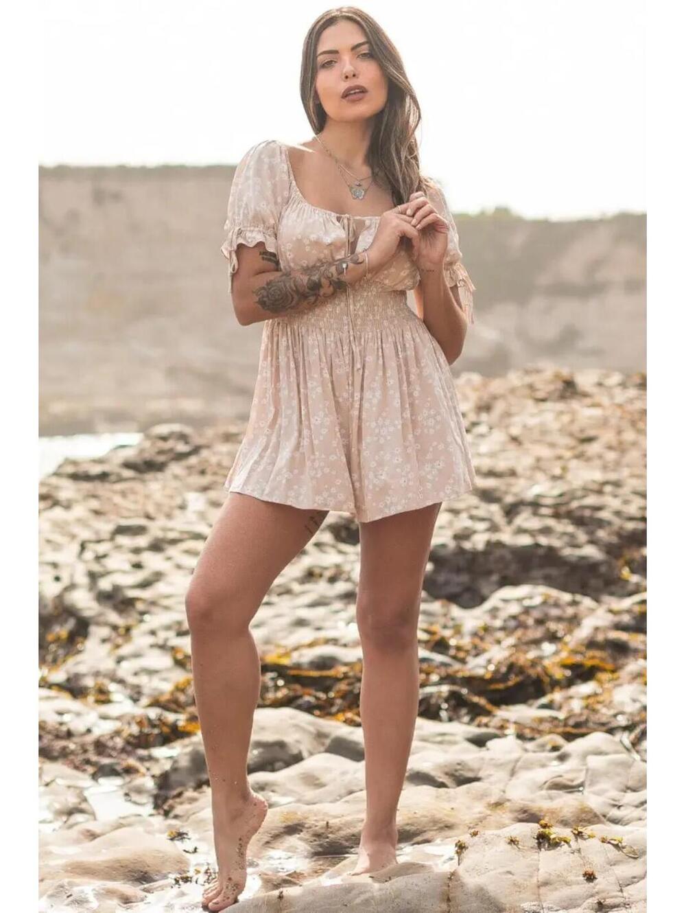 Verte Floral Print Smocked Puff Sleeve Tie-Front Romper